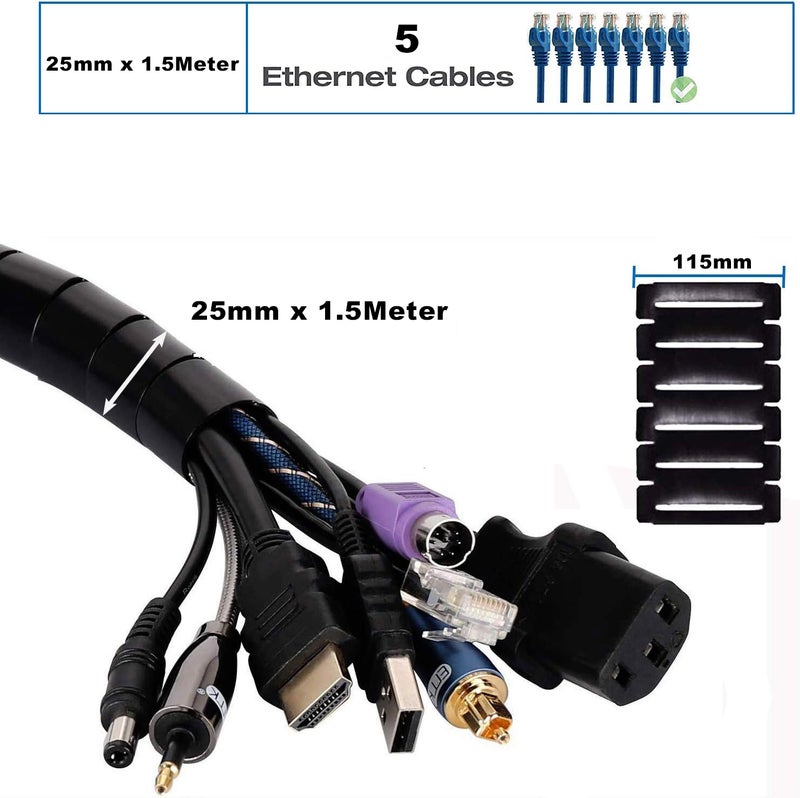 MAX-EMA GLOBAL MAX-EMA Spiral Cable Organizer Tube Black, 25mm x 1.5 Meter With Wire Clamp Flexible Cord Protector And Cable Management Sleeve For Desk, Tv, Computer Wire Cover Cable Hider For Home Or Office Use - Image 2